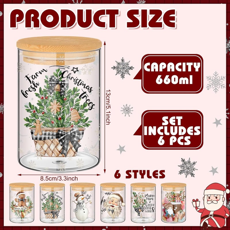 Shellwei 6 Pcs Christmas Glass Storage Jar With Airtight Bamboo Lid Classic Snowman Canister Sets Santa Bell Gift Cookie Jars Christmas Candy Storage 19oz for Kitchen Containers Countertop Decoration - Image 2